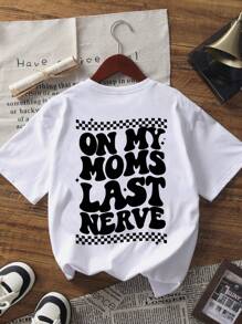1 pieza Camiseta de manga corta de cuello redondo blanca con estampado en inglés casual para niño, top de verano para niños