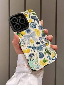 1 pieza Funda de teléfono clásica anti-caída con patrón floral vintage de limón y océano, compatible con Apple y 16/16PLUS/18PRO/21PROMAX