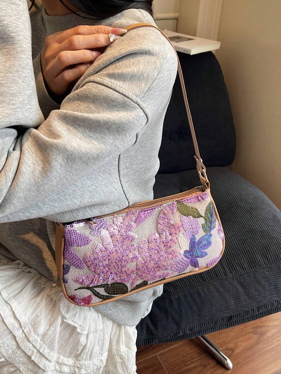 女士闪亮亮片腋下斜挎包,时尚单肩包,适合上班和购物 - 紫色 - 查看 1