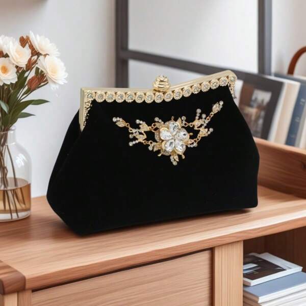 New Vintage Diamond Decor Rhinestone Velvet Cheongsam Party Clutch Handbag For Women