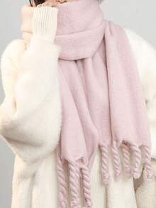 1pc Women's Fuzzy Long Scarf With Tassel For Winter Solid Sky Blue Color Big&Thick WrapOversize Warm Blanket Scarf - Blue - View 7