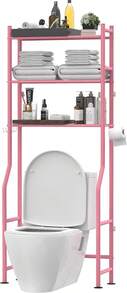 3-Tier Over The Toilet Storage, Freestanding Metal Bathroom Shelves With 4 Hooks, Over Toilet Storage Shelf With Paper Holder, Above The Toilet Shelf For Bathroom Storage, Pink - Pink - View 1