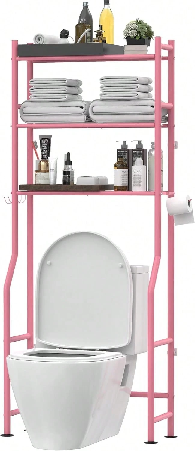 3-Tier Over The Toilet Storage, Freestanding Metal Bathroom Shelves With 4 Hooks, Over Toilet Storage Shelf With Paper Holder, Above The Toilet Shelf For Bathroom Storage, Pink - Pink - View 1