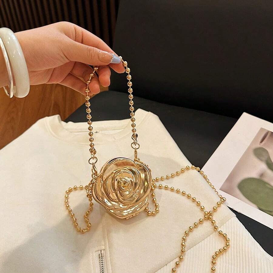 1 chiếc túi cầm tay kim loại mini mới, ví đựng tiền xu mạ vàng, túi xách màu kim loại sáng bóng Avant-Garde, túi đeo chéo có dây xích đính cườm, túi xách tay hoa bất đối xứng, túi đựng tiền xu thanh lịch