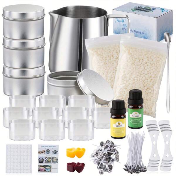 Silver Canister With Essential Oil Style Handmade Candle Making Kit, Suitable For Adults, Teenagers, Beginners, Includes Soy Wax, Stirring Spoon, Pouring Cup, Storage Jar, Essential Oils, Colored Wax Blocks, Candle Wicks, And Wick Holders, Complete DIY Candle Crafting Set, Suitable For Various Holidays