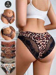 5 piezas de bragas para mujer con estampado de leopardo y encaje, ropa interior cómoda, transpirable y de ajuste ceñido, adecuada para todas las estaciones y uso diario