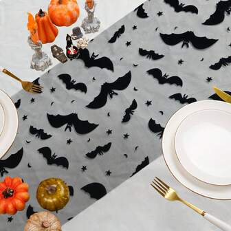 Halloween-bordlöpare i polyester med spindelnät och fladdermusmotiv, europeisk och amerikansk festdekoration, 30x28 cm, inomhus- och utomhusbruk, hög kostnadseffektiv och hemtrevlig atmosfär
