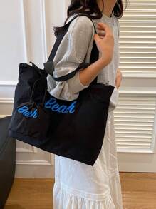 Two - Piece Set,A Lightweight And Spacious Women's Fashion Tote Bag Made Of Fabric, Featuring Large Letter Decorations, With An Attached Drawstring Coin Purse. Ideal For Weekend Trips And Daily Shopping.