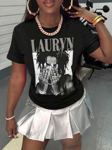 With Ring On Hand - 100% Cotton Women's T-Shirt/Lauren Hill/Letter Print/Vintage T-Shirt/Women's Casual Loose Round Neck Top/Spring And Summer-Niche Graffiti Prints T-Shirts-85841-102525 - màu đen - Xem 4