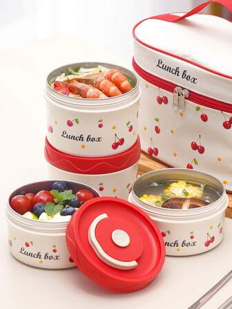 1 件/2 件/3 件/5 件可爱便携式保温便当盒套装，带保温午餐盒，4 个独立可堆叠午餐隔层，适合成人、学生、男士和女士，32 盎司/64 盎司（970 毫升/1940 毫升），樱桃红，1/2/4 层，学校用品
