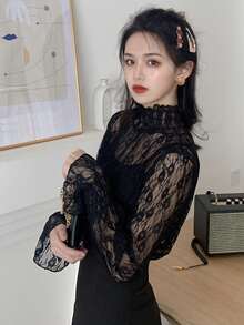 蕾丝花卉图案优雅镂空长袖高领女式上衣（不含内衣） - 黑色 - 查看 4