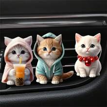 3pcs Cute Cat Car Ventilation Air Freshener Clip - Creative Hoodie Cat, Milk Tea Cat, Bell Cat Designs, 2D Acrylic Car Ventilation Decoration Clip, Comes With Aromatherapy Sheet, Deodorization + Random Scents, Car Air Freshener, Car Interior Decoration, Perfect Gift For Family And Friends
