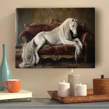 Afiche de lona plana de 2D, 1 pieza, con marco de madera, un caballo blanco tumbado en un elegante sofá, póster decorativo de estilo moderno para habitación moderna, dormitorio y decoración de interiores, decoración de pared - Multicolor - Ver 5