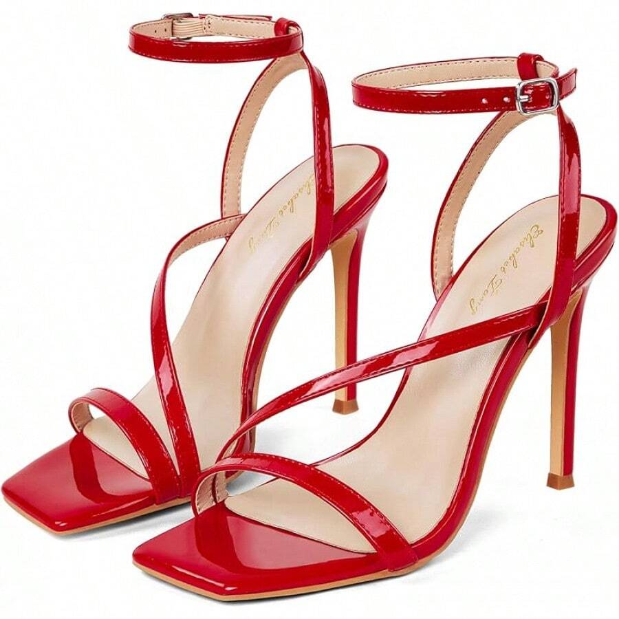 Women's Crystal Stilettos Heeled Sandals, 4 Inch Square Open Toe Strappy Sexy High Heels Ankle Strap Buckle Heels For Party Wedding Dress Daily Wear Shoes - Red - View 1