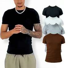 Men's American Style Ribbed T-Shirt Fitted Summer Spring/Autumn Fall/Winter Slim Fit - Black - View 1