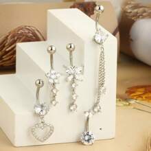 Juego de 5 piezas de piercing de ombligo de acero inoxidable chapado en oro blanco/baño de cobre de 18k, con incrustaciones de circonita cúbica brillante en formas de mariposa, corazón y flor para uso diario de las mujeres