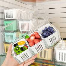 4pcs Mixed Set Drain Storage Containers (3 Drain Boxes + 1 Large Box) With Lids, Stackable Kitchen Fridge Organization Boxes, 3-Compartment For Fruits, Vegetables, Food