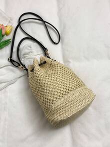 女士波西米亚风格度假抽绳草编桶形单肩包 - 米色 - 查看 6