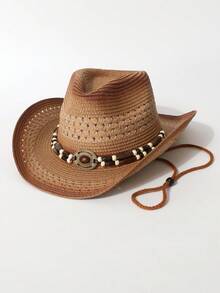1pc Women's Zirconia Chain Decorated Gradient Perforated Windproof Rope Straw Hat, Panama Hat, Spring/Summer Unisex Fashion Versatile Sun Protection Hat Suitable For Daily Wear, Beach, Outdoor, Vacation - Top Hat - View 8