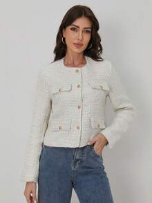 TRAFZA 女士优雅休闲粗花呢外套，春季圆领装饰长袖纯色大衣 - White with Gold Thread - 查看 6