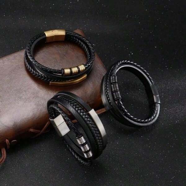 1pc Multi-Layer Handcrafted Braided Black Bracelet, Fashion Accessory For Men Back To School