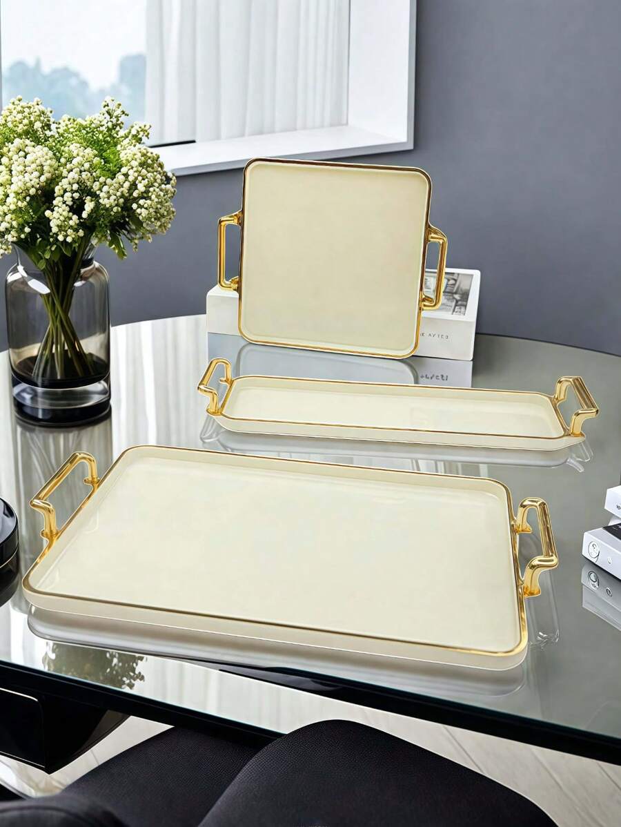 1pc Rectangular Modern Luxury Design Tray, Suitable For Dessert, Cake, Snacks, Wedding, Home & Office Use, With Handle