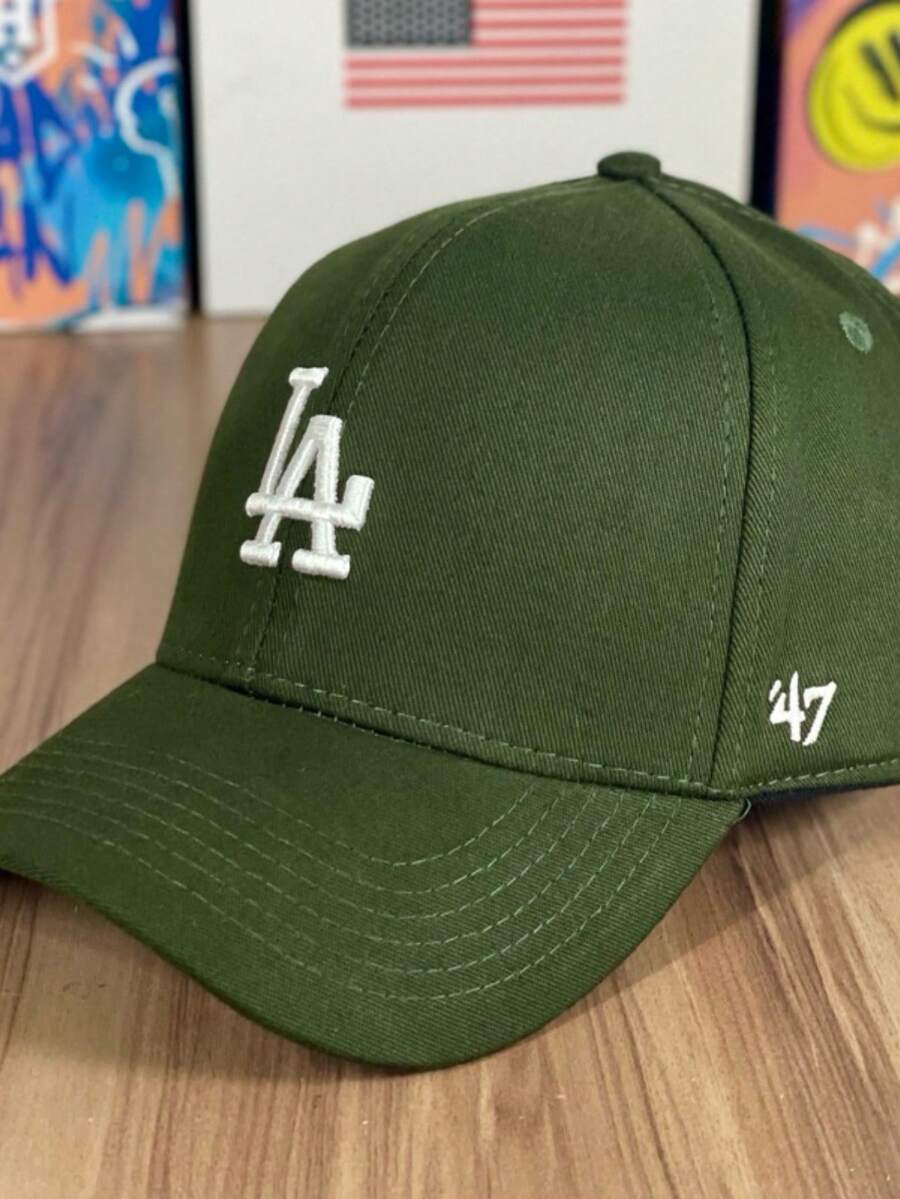 LA Embroidered Baseball Style Cap Curved Brim Adjustable SnapBack Men Women Unisex High Quality - 軍綠色和白色 - 查看 1