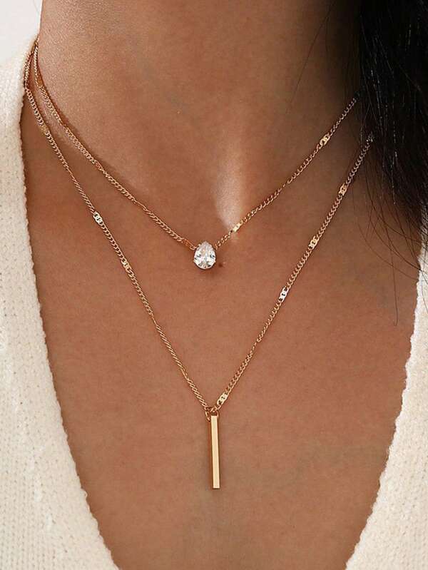 A 2 Pieces Bohemian Personalized Multi-Layered Necklace With A Teardrop Shaped Long Rod And Double Layered Chain, Suitable For Women's Daily Wear. It Is The Perfect Choice For Summer Outings, Beach Vacations, Valentine's Day Gifts, And Daily Wear. Suitable For All Occasions