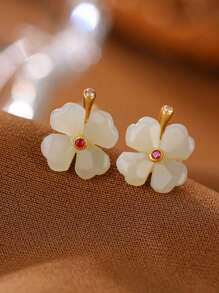1 Par de Pendientes de Diseño Vintage con Piedra de Jade Afortunada y Pendientes de Tachuela con Trébol de Jade Blanco
