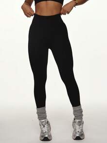 女式高腰收腹紧身裤 - 柔软、不透明的修身裤，适合跑步、骑行、瑜伽 | 弹性涤纶混纺，可机洗，优雅纯色，踝长，骑行紧身裤|优雅设计|弹性面料 - 黑色 - 查看 3