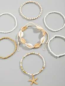 7pcs/Set European And American Bohemian Style Seashell, Rice Bead And Starfish Braided Bracelets For Women, Summer Beach Jewelry Set Back To School