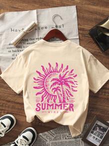 1 stuk Tween Girls bedrukte pullover abrikoos korte mouwen T-shirt, student jonge kinderen kleding, comfortabele en modieuze zomertop, meisjes zijn dol op
