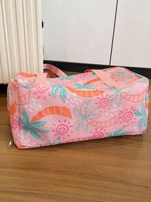 "Fashionable Mesh-Handle Luggage Tote – Lightweight, Large-Capacity Travel Tote Bag Vibrant Coconut Tree & Sun Print – Perfect For Summer Vacations And Beach Trips, Can Be Worn As A Crossbody Bag For Personal Essentials"