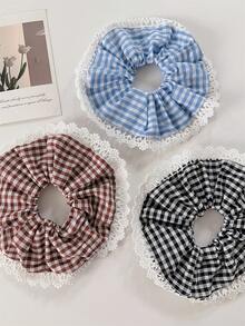 1 件甜美优雅多巴胺面料格子发髻发圈蕾丝边发圈，适合马尾辫、长裙、波西米亚风格，适合春夏季，发带，发饰，发饰，发圈，头饰
