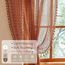 Burnt Orange Sheer Curtains 72 Inch Length 2 Panels Set Boho Crochet Lace For Bedroom Living Room Kitchen Window Farmhouse Fall Rust Colored Drapes, Pumpkin - 橘色 - 查看 7