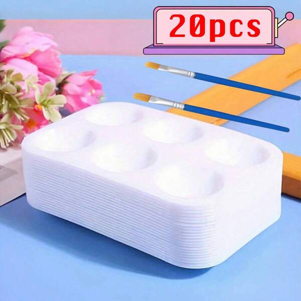20 piezas Paleta rectangular de plástico con 6 pocillos, incluye 2 pinceles azules de 12.5cm. Suministros de arte para pintura acrílica y acuarela. Compacto y fácil de transportar, fácil de lavar. Para volver a la escuela, útiles escolares, para pintura con acuarela y gouache, para que los estudiantes pinten en proyectos escolares o en clase de arte.