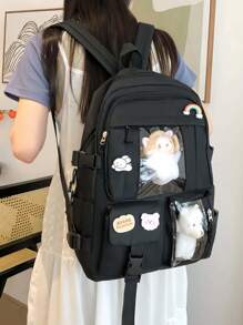 1PC Cute Kawaii Simple Solid Color Backpack Classic Basic Large Capcity School Bag New School Season Cute Cartoon Fashion Girl Backpack, Multi-Pocket Multi-Function Bear Pendant Is Very Suitable For Traveling And School Backpack, Suitable For Back To School Season,Large Capacity. Give Gifts To Friends, Back To School, School, Travel, Shopping, For Outdoor Daily Use.