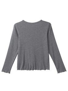 Camiseta casual de manga larga de un solo pecho con cuello redondo de unicolor para mujer - Gris - Ver 3