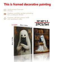 2 件鬼抱着黑猫墙壁艺术、万圣节哥特式海报、恐怖鬼魂印刷品、恐怖猫插图黑暗艺术装饰、图书馆帆布印刷品、墙壁艺术、海报、带框架的墙壁艺术、万圣节家居装饰，适用于客厅、卧室、办公室等 - 非常适合节日、壁画、海报、生日礼物、毕业礼物 - 帆布材料（可选框架）