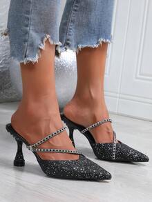 Spring/Summer Pointed Toe Rhinestone Sequins Stiletto High Heel Mule Sandals, Slip-On Party Rhinestone Embellished High Heels For Women
