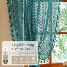 Teal Curtains For Bedroom 63 Inch Length 2 Panels,Rod Pocket Turquoise Cotton Crochet Lace Light Filtering Semi Sheer Living Room Summer Curtains - 彩色 - 查看 7
