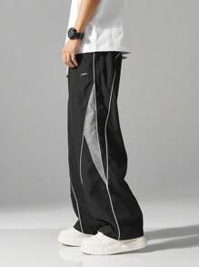 男士街头风运动裤 - 侧边条纹、口袋和抽绳腰带，撞色休闲运动裤 - 黑色 - 查看 3