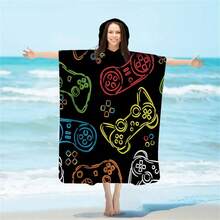 1 Pc Gamer Theme Microfiber Hooded Beach Towel - Vibrant Game Controller Design, Soft & Durable Polyester Bath Robe, Suitable For Swimming, Travel And Beach Vacation - Multicolor - View 1