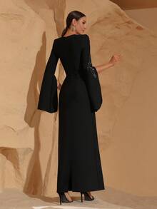 性感华丽重钻开衩长袖时尚紧身长款绷带连衣裙优雅派对正式晚宴礼服开斋节礼服 - 黑色 - 查看 7