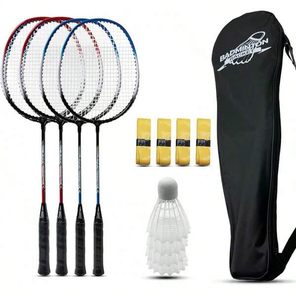 Badminton Rackets Set Of 4 Outdoor Backyard Games, Including 4 Racquets,4 Shuttlecocks, 4 Grip Tapes & 1 Carry Bag