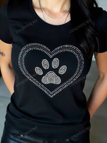 Camiseta de manga corta con cuello redondo de algodón negro de 180 g para mujer, camiseta con estampado de corazón y pata, regalo para amantes de las mascotas, top informal de moda para mamás y perros, talla grande para mujer