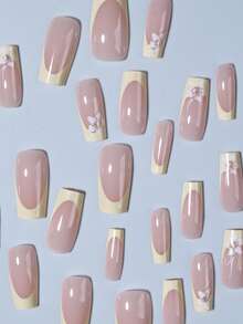 24 件/套中号棺材按压指甲片白色法式心形图案亚克力假指甲，完美贴合，中等长度设计，包含 1 件果冻胶和 1 件指甲锉，适合女士和女孩日常佩戴狂欢派对使用美甲用品指甲