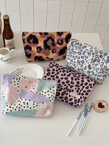 Retro Leopard Print Cosmetic Bag, Soft Fabric Storage Pouch, Vintage Minimalist Design, Portable & Spacious, Suitable For Commute, Travel, Daily Use For Women - Multicolor - View 3