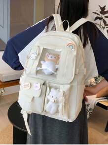 1PC Cute Kawaii Simple Solid Color Backpack Classic Basic Large Capcity School Bag New School Season Cute Cartoon Fashion Girl Backpack, Multi-Pocket Multi-Function Bear Pendant Is Very Suitable For Traveling And School Backpack, Suitable For Back To School Season,Large Capacity. Give Gifts To Friends, Back To School, School, Travel, Shopping, For Outdoor Daily Use.