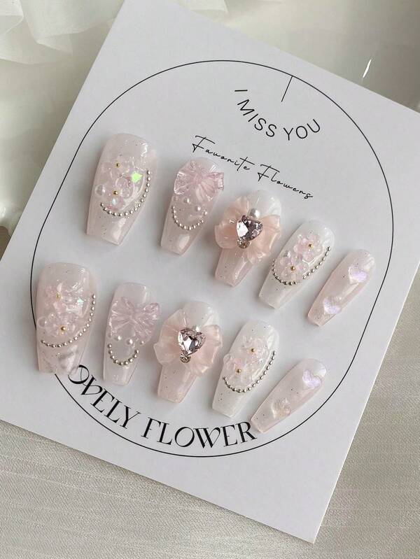 10 Long Press-On Nails For Valentine's Day, Coffin Nails,Bowknot Design, Pink Nail Art Craft, Reusable And Removable Nail Supplies Fake Nails Suitable For Girls And Women, Party And Gathering Use, Comes With 1 Jelly Gel And 1 Shaping Strip